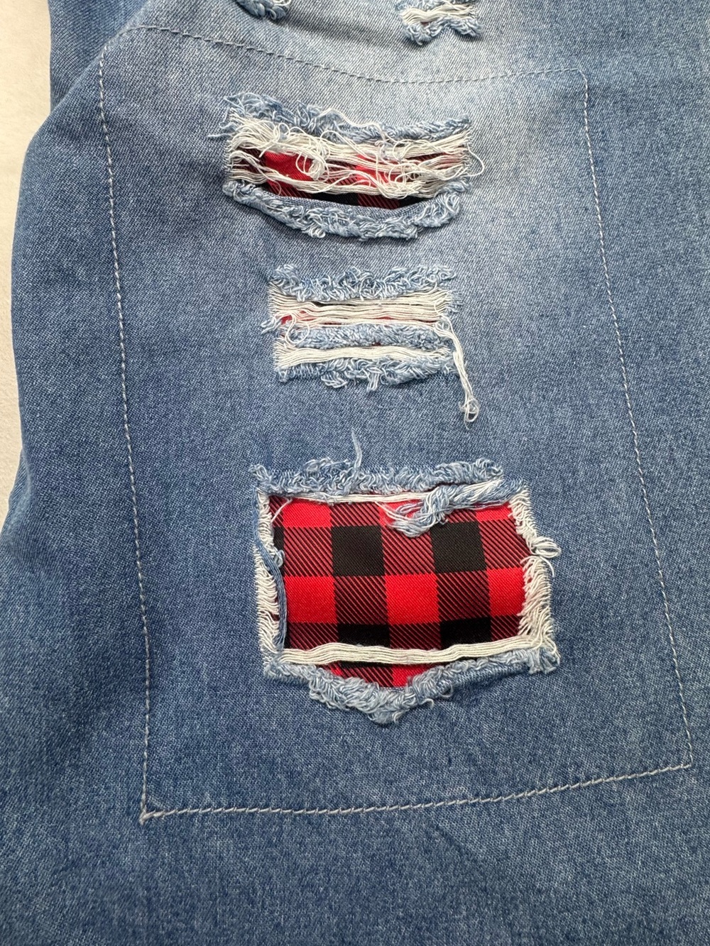 Distressed Buffalo Plaid Patch Jeans Light Wash Wide Leg Estimated Plus Size - Picture 4 of 11